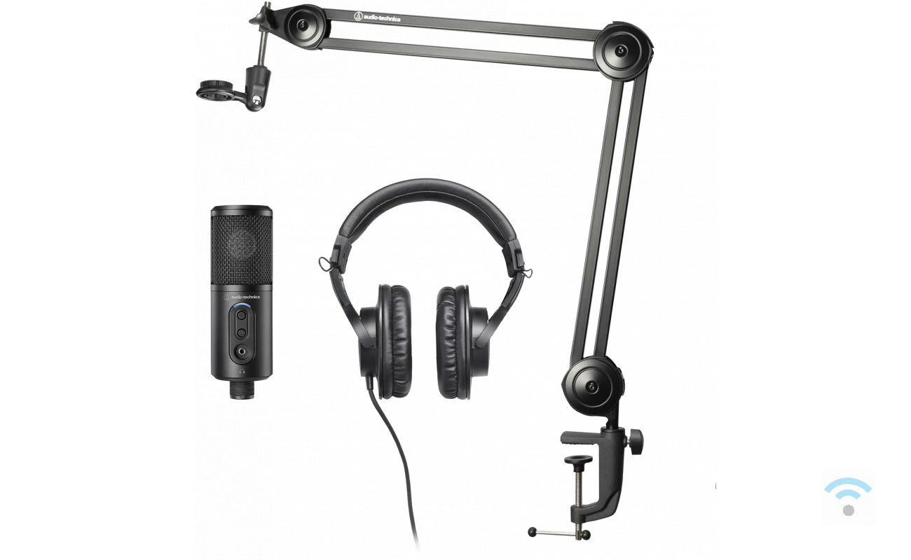 Audio Technica Creator pack contenant un microphone noir, un casque et un deskboom