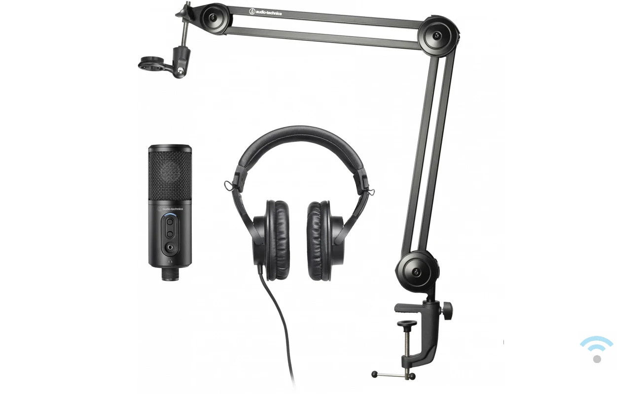 Audio Technica Creator pack containing black microphone and headphone and deskboom