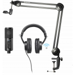 Audio Technica Creator pack containing black microphone and headphone and deskboom
