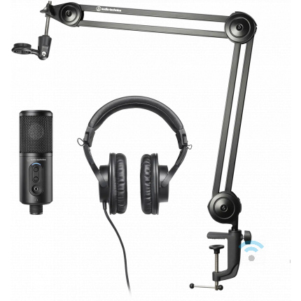 Audio Technica Creator pack containing black microphone and headphone and deskboom