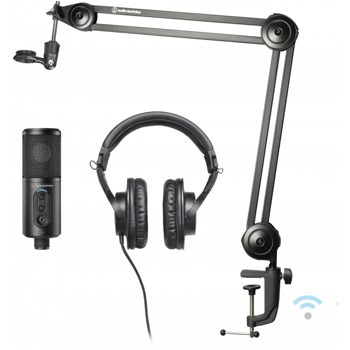 Audio Technica Creator pack containing black microphone and headphone and deskboom